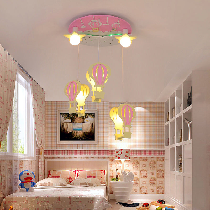 Wooden Hot Air Balloon Pendant Light | Kids Bedroom Hanging Lighting 5 Bulbs Included Pink
