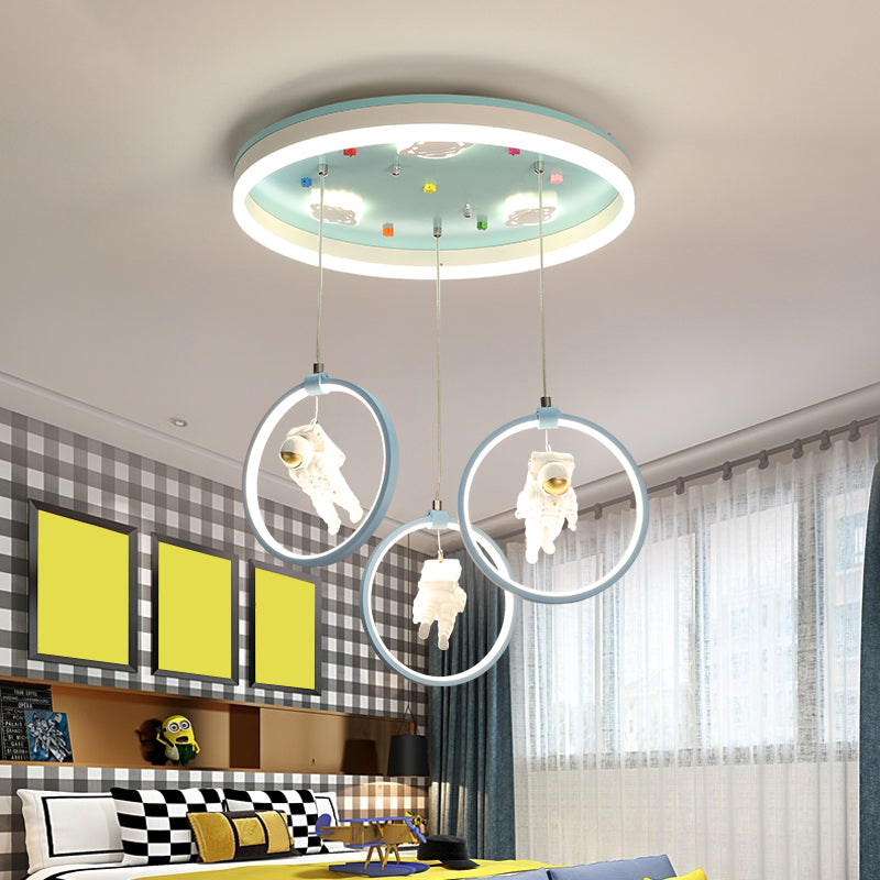 Kids Style Ring Shaped Metallic Ceiling Light - Green Led Suspension Lighting With Astronaut Decor