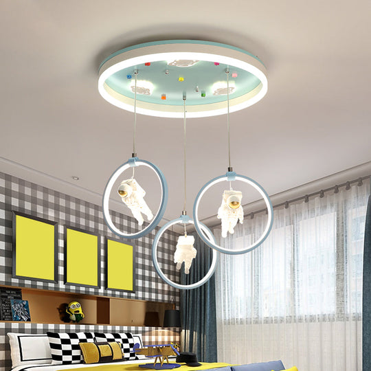 Kids Style Ring Shaped Metallic Ceiling Light - Green Led Suspension Lighting With Astronaut Decor