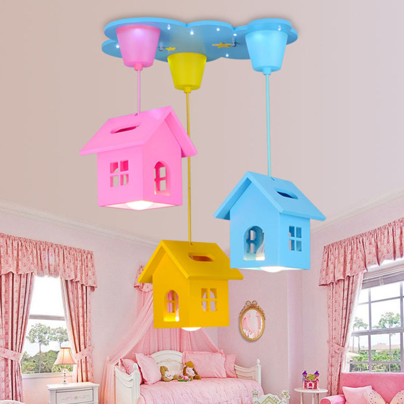 Kids Wooden House-Shaped Pendant Light - Blue With 3 Bulbs Nursery Lighting