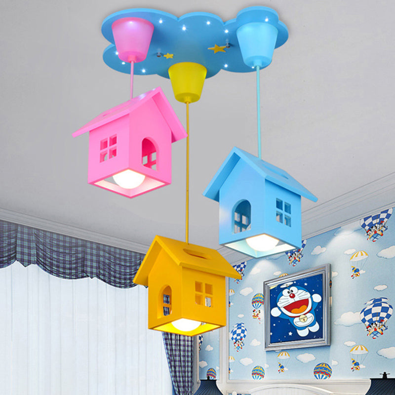 Kids Wooden House-Shaped Pendant Light - Blue With 3 Bulbs Nursery Lighting