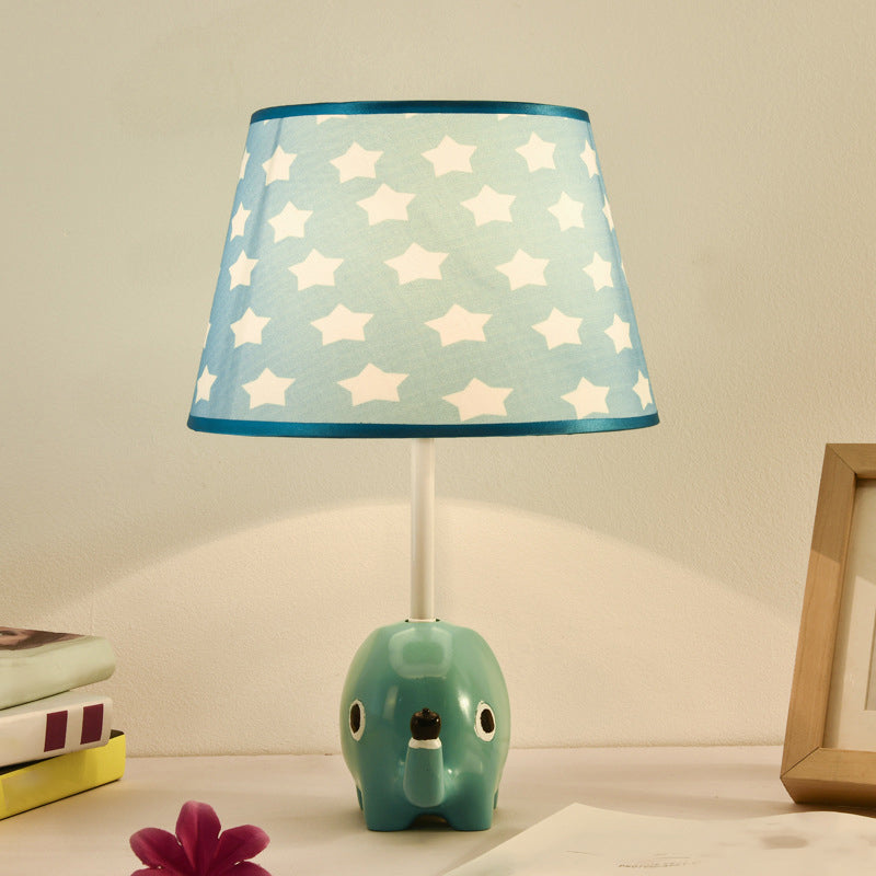 Tapered Table Lamp For Childs Room - Cartoon Lighting With Elephant Resin Base In Blue Fabric / B