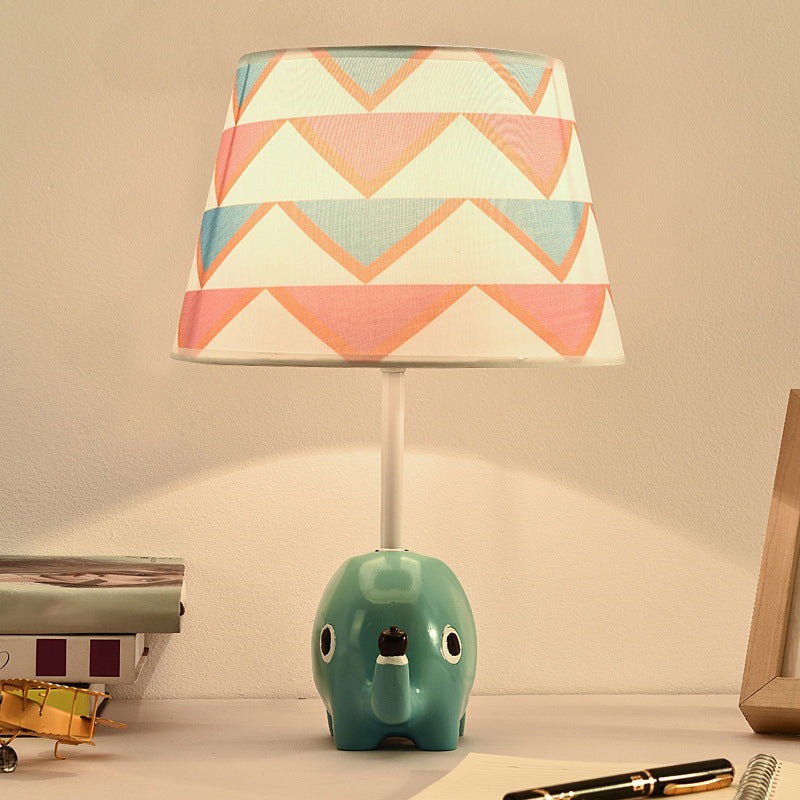 Tapered Table Lamp For Childs Room - Cartoon Lighting With Elephant Resin Base In Blue Fabric
