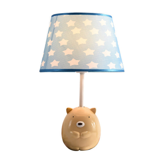 Kids Bear Nightstand Lamp - Resin Base Tapered Fabric Shade Apricot Color