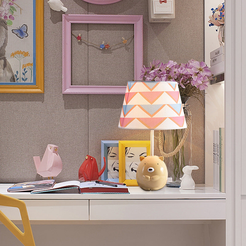 Kids Bear Nightstand Lamp - Resin Base Tapered Fabric Shade Apricot Color / C