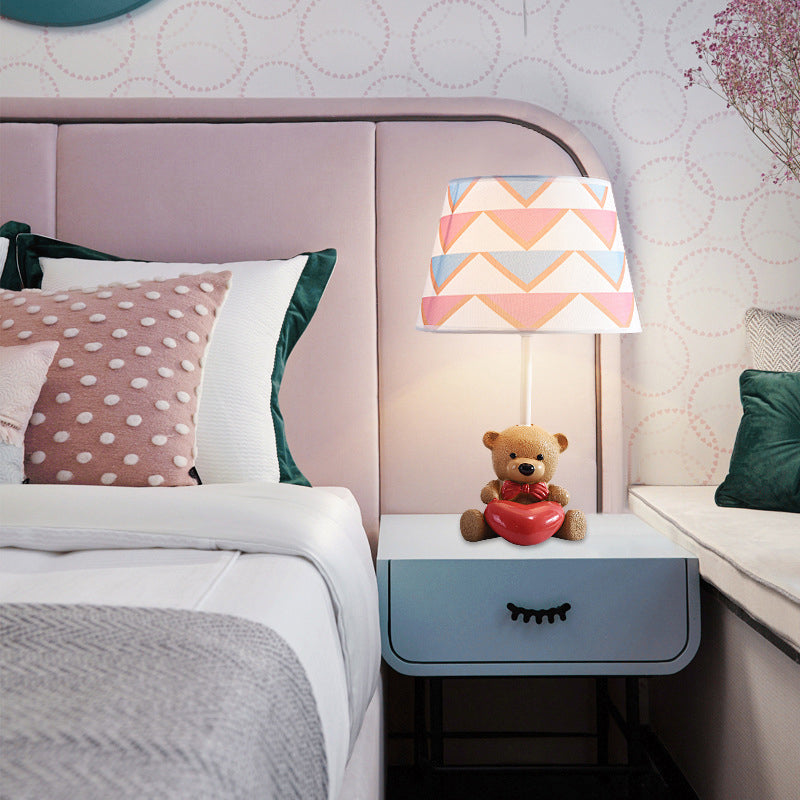 Cartoon 1-Head Brown Fabric Empire Shade Table Lamp: Adorable Bear And Heart Design For Nightstands