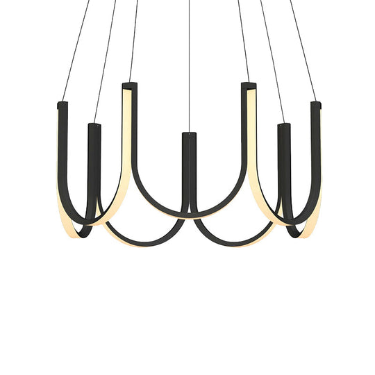 Contemporary Black & White U-Shaped Led Chandelier Pendant With Gold Accents - White/Warm Light