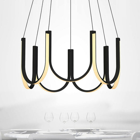 Contemporary Black & White U-Shaped Led Chandelier Pendant With Gold Accents - White/Warm Light /