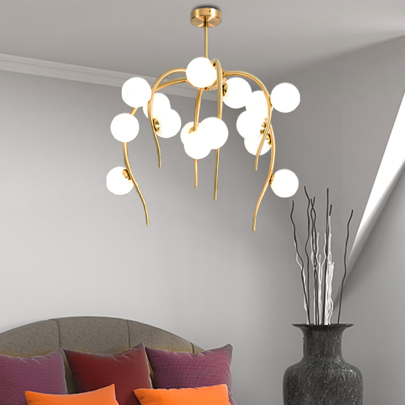 Modern Black/Gold Iron Branch Chandelier with Matte White Balls - 15/20-Light Dining Room Hanging Lamp