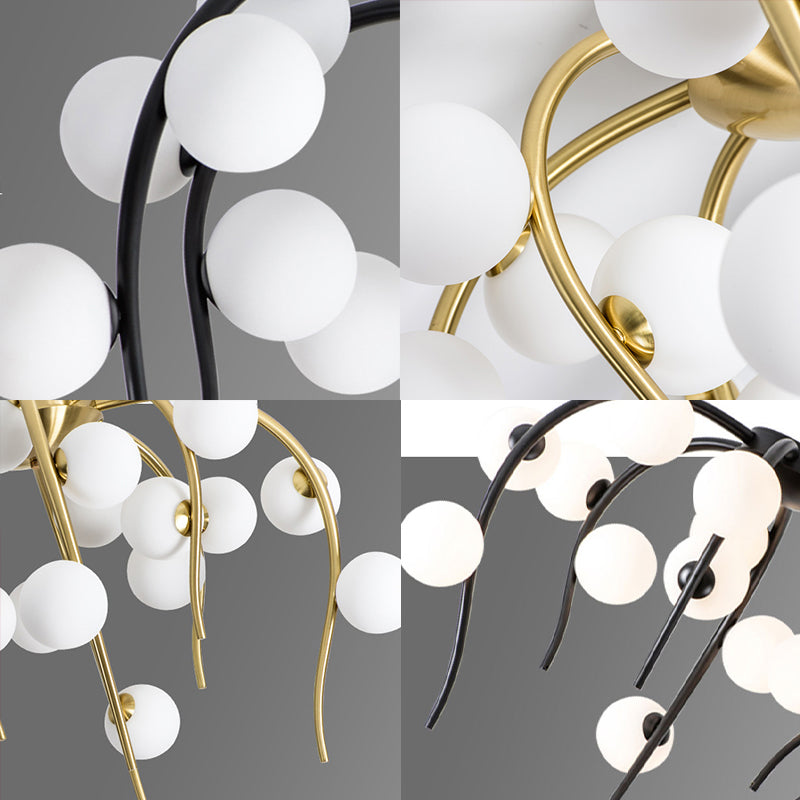 Modern Black/Gold Iron Branch Chandelier with Matte White Balls - 15/20-Light Dining Room Hanging Lamp