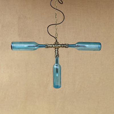 Blue/Clear Glass Chandelier Pendant Light - Antique Stylish Bottle Design, 3 Lights - Ideal for Dining Room
