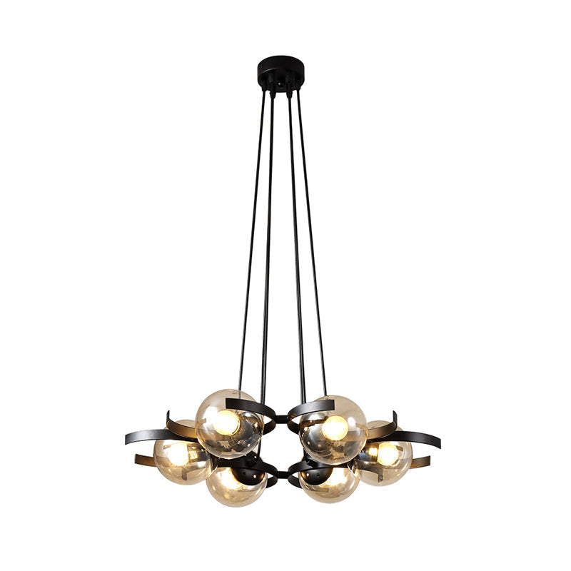 Contemporary 6-Light Black Chandelier With Clear Glass Ball Pendant For Dining Room