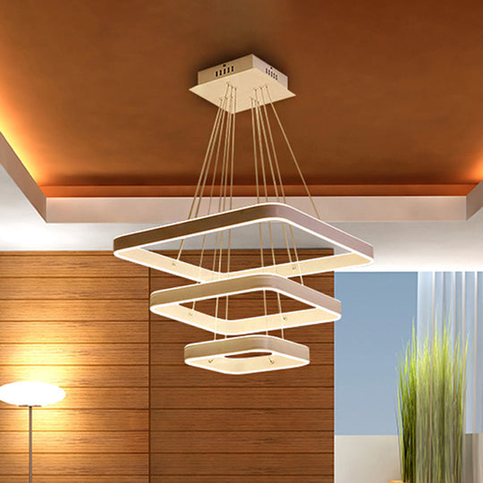 Modern Led Ceiling Chandelier - White Square Hanging Light Fixture Warm/White/Natural 3-Tier Design