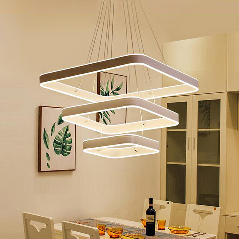 Modern LED Ceiling Chandelier: White 3-Tiered Square Hanging Light Fixture in Multi-Light Tones