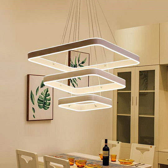 Modern Led Ceiling Chandelier - White Square Hanging Light Fixture Warm/White/Natural 3-Tier Design