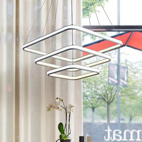 Sleek White Acrylic Hanging Chandelier With Layered Square Design Led Ceiling Pendant In White/Warm