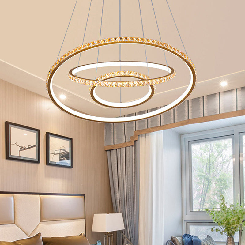Modern Crystal Gold/Silver Led Chandelier Ceiling Light Fixture With 3 Rings - Warm/White Dual