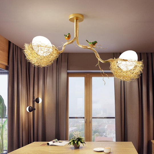 Artistry Milk White Glass Ball Chandelier Pendant with Birds and Hand-Sewn Aluminum Nest - 1/2/3-Light Golden Hanging Lamp