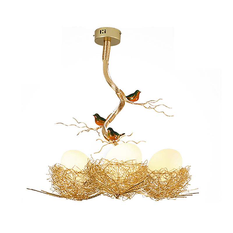 Artistry Milk White Glass Ball Chandelier Pendant with Birds and Hand-Sewn Aluminum Nest - 1/2/3-Light Golden Hanging Lamp