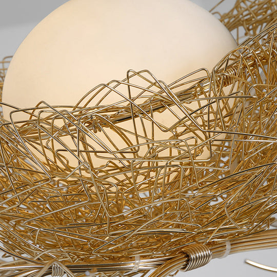 Artistry Milk White Glass Ball Chandelier Pendant 1/2/3-Light Golden Hanging Lamp with Birds and Hand Sewn Aluminum Nest