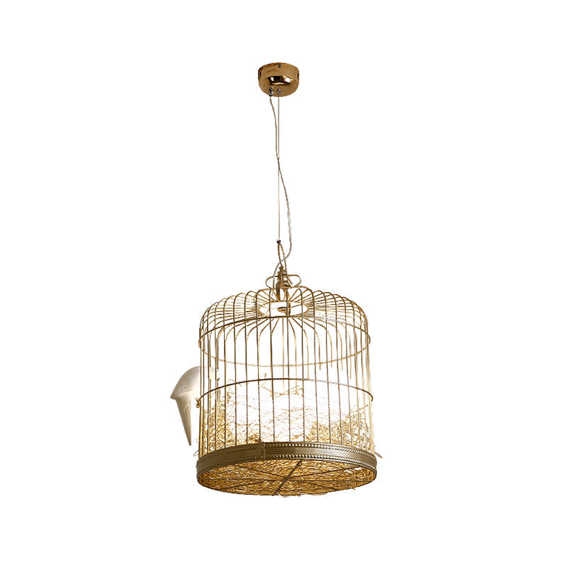 Rustic Matte White Glass Egg Shaped Chandelier With Bird And Birdcage - 3 Light Hanging Fixture