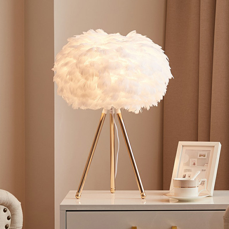 Feather Shade Tripod Table Lamp: Metal Single-Bulb Nightstand Lighting For Contemporary Girls