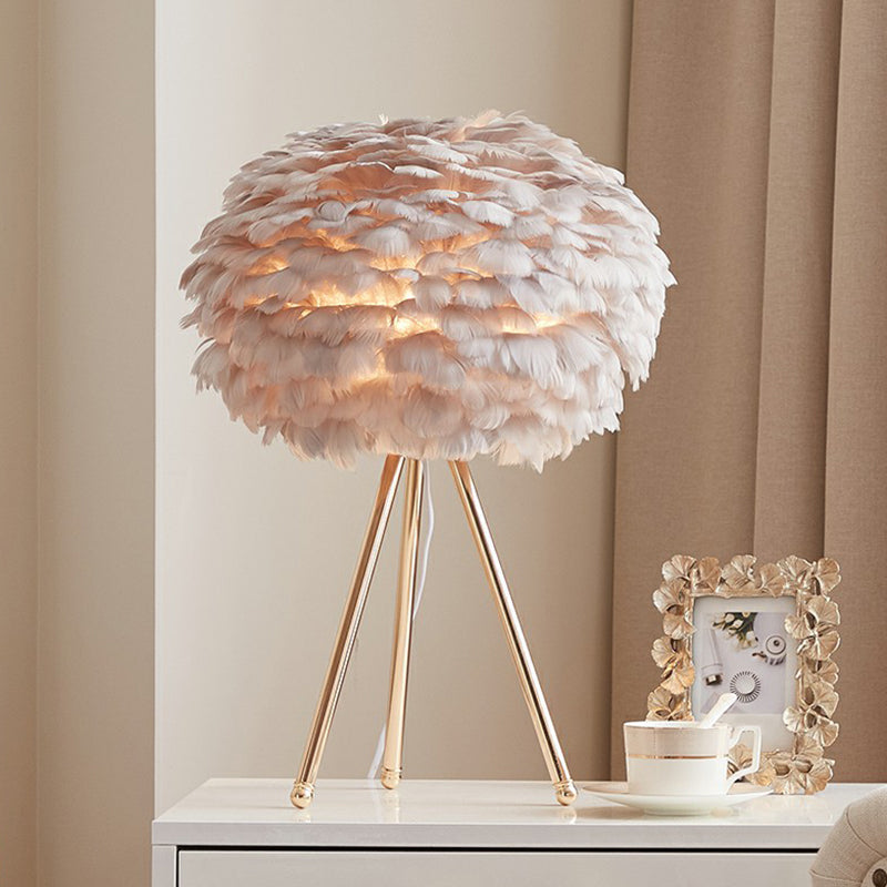 Feather Shade Tripod Table Lamp: Metal Single-Bulb Nightstand Lighting For Contemporary Girls