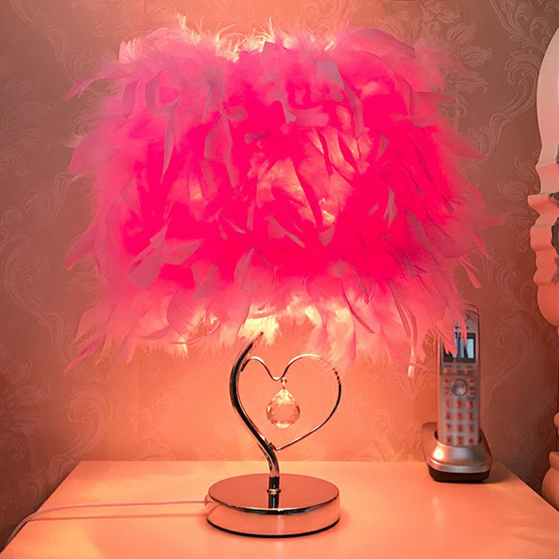 Modern Feather Bedroom Lamp: Cylindrical Nightstand Table Light With Crystal Drip Pink / A