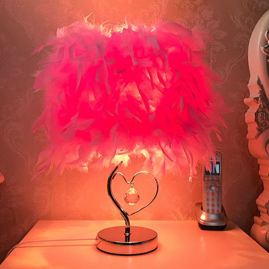 Modern Feather Bedroom Lamp: Cylindrical Nightstand Table Light With Crystal Drip