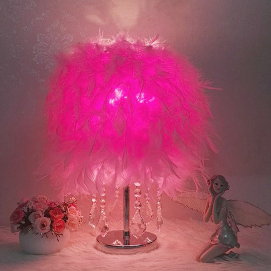 Modern Feather Bedroom Lamp: Cylindrical Nightstand Table Light With Crystal Drip Pink / B