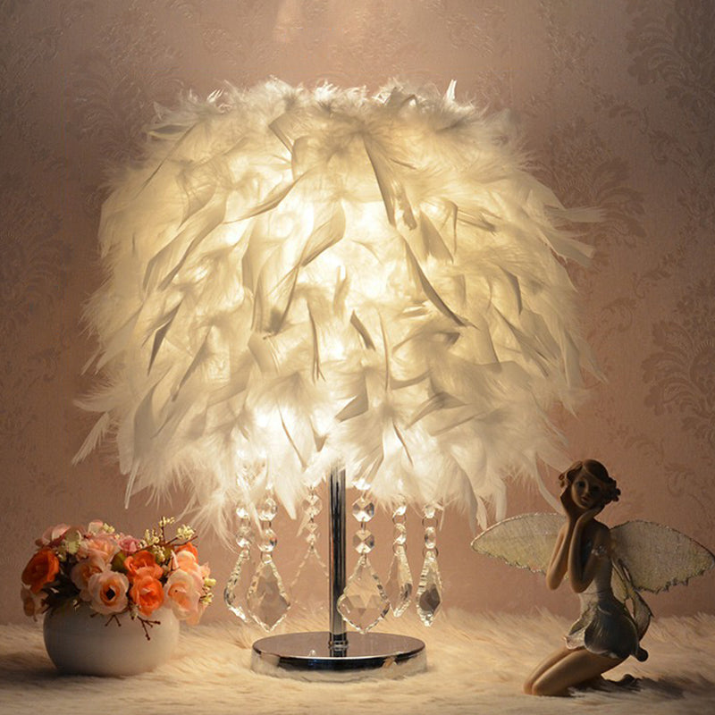 Modern Feather Bedroom Lamp: Cylindrical Nightstand Table Light With Crystal Drip White / B