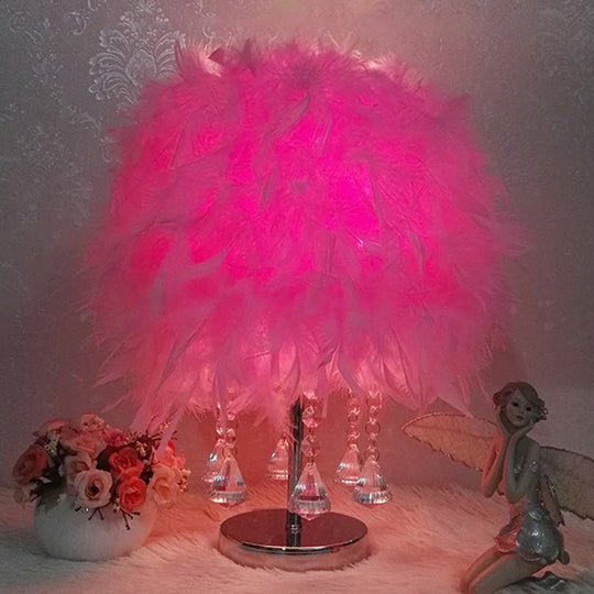 Modern Feather Bedroom Lamp: Cylindrical Nightstand Table Light With Crystal Drip Pink / C