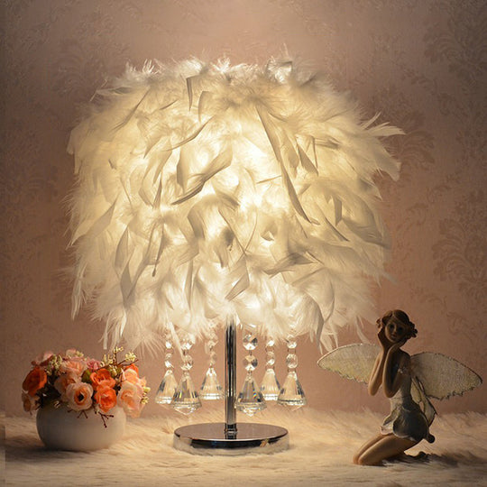 Modern Feather Bedroom Lamp: Cylindrical Nightstand Table Light With Crystal Drip White / C
