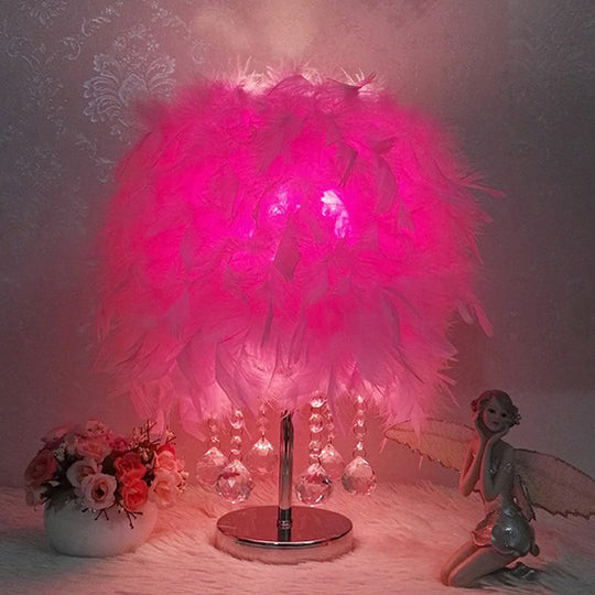 Modern Feather Bedroom Lamp: Cylindrical Nightstand Table Light With Crystal Drip Pink / D