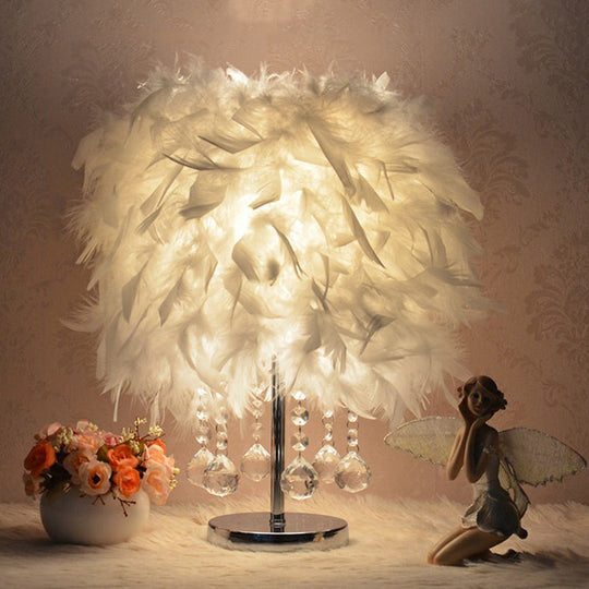 Modern Feather Bedroom Lamp: Cylindrical Nightstand Table Light With Crystal Drip White / D