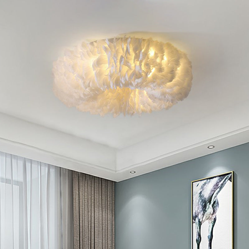 Minimalistic Feather Flush Mount Ceiling Light For Bedroom - White Doughnut Shape
