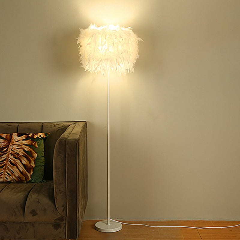 White Drum Shade Feather Standing Floor Lamp - Minimalistic Design With 1 Bulb For Living Room /