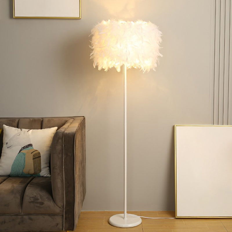 White Drum Shade Feather Standing Floor Lamp - Minimalistic Design With 1 Bulb For Living Room / 18