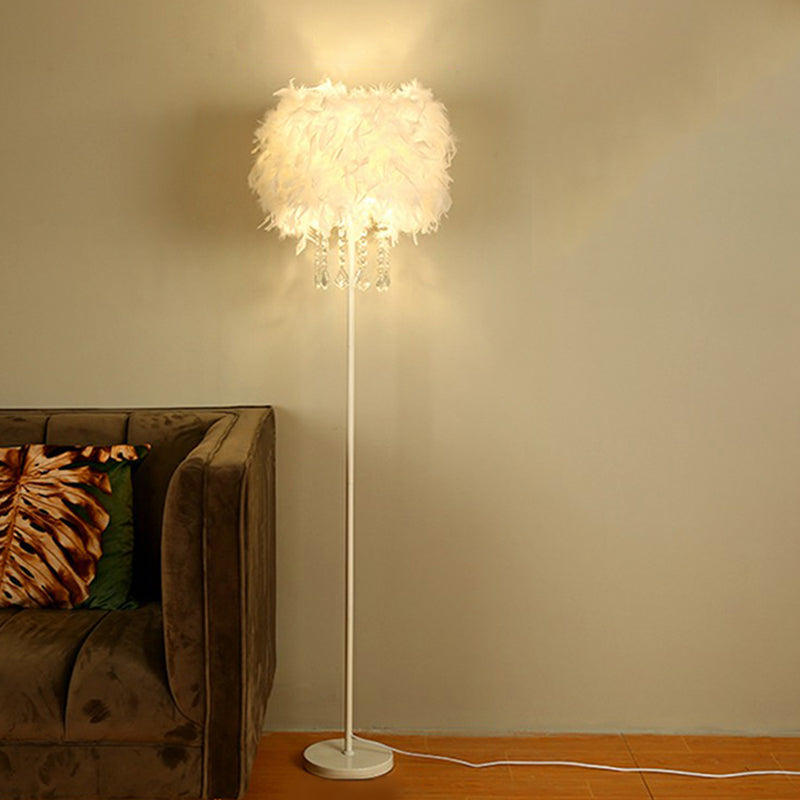 White Drum Shade Feather Standing Floor Lamp - Minimalistic Design With 1 Bulb For Living Room /