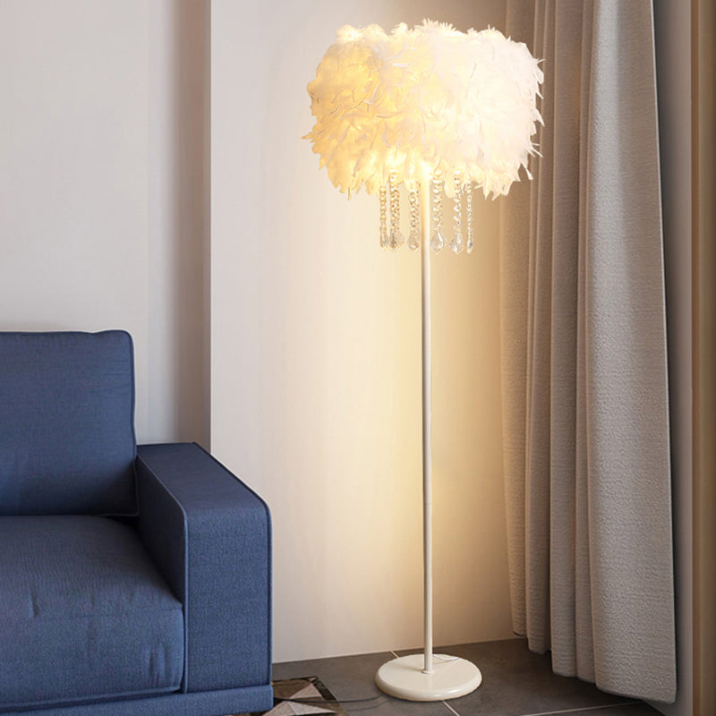 White Drum Shade Feather Standing Floor Lamp - Minimalistic Design With 1 Bulb For Living Room
