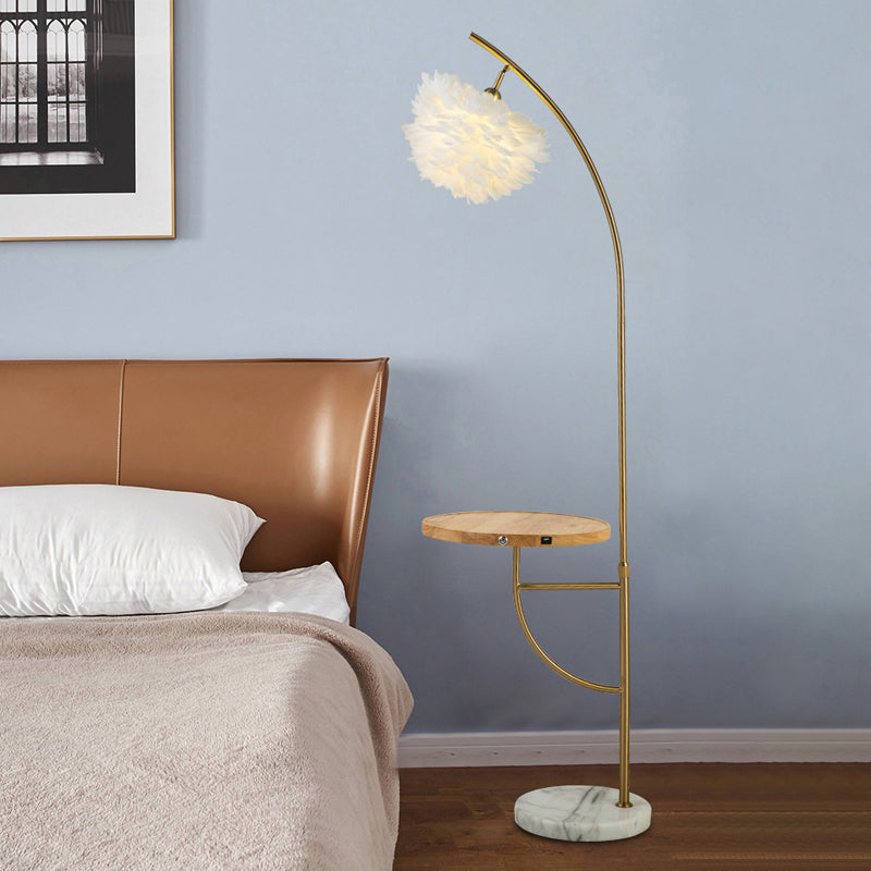 Modern Gold Feather Hemisphere Shade Floor Lamp With Wooden Tray - 1 Bulb Standing Light