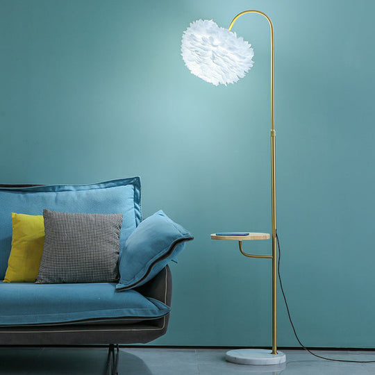 Feathered Minimalist Living Room Floor Lamp With Tray - Single-Bulb Standing Lighting Gold