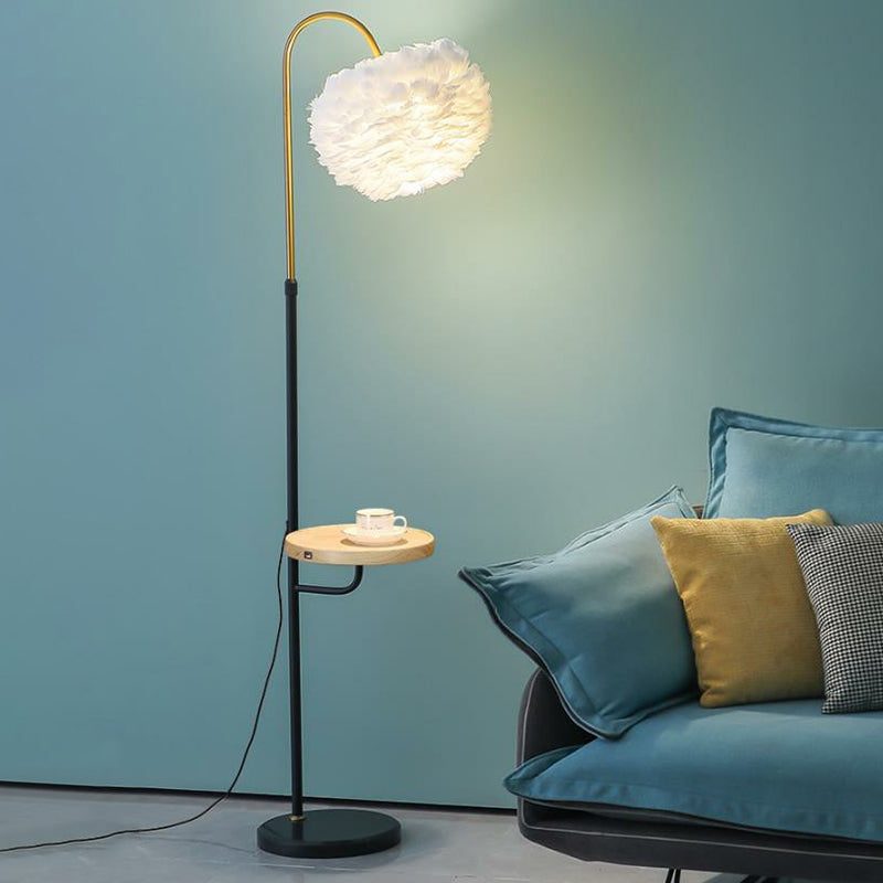 Feathered Minimalist Living Room Floor Lamp With Tray - Single-Bulb Standing Lighting Black