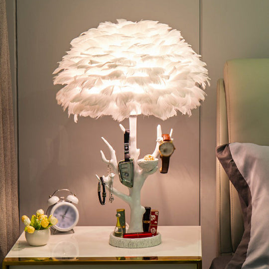 Feather Shade Resin Table Lamp: Artistic Tree Branch Design Ideal For Living Room Nightstands White