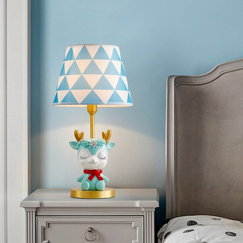 Kids Bedside Nightstand Lamp: Fabric Tapered Drum Table Light With Resin Deer Accent Blue