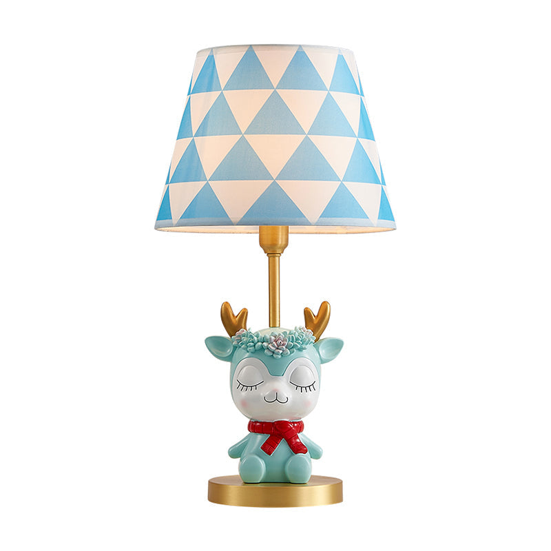 Kids Bedside Nightstand Lamp: Fabric Tapered Drum Table Light With Resin Deer Accent