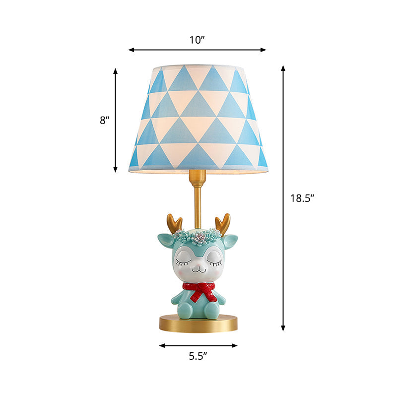 Kids Bedside Nightstand Lamp: Fabric Tapered Drum Table Light With Resin Deer Accent