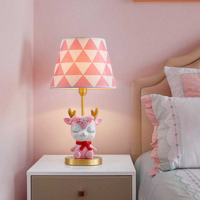 Kids Bedside Nightstand Lamp: Fabric Tapered Drum Table Light With Resin Deer Accent Pink
