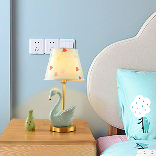 Kids Style Swan Pattern Fabric Nightstand Lamp - Quirky Single Table Lighting With Decorative Bucket