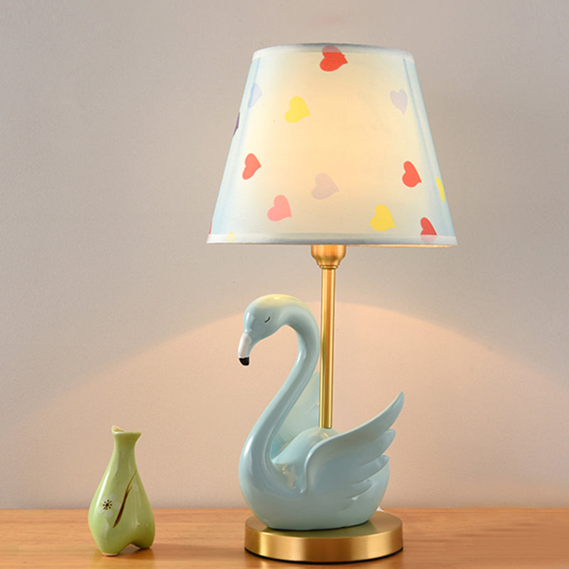 Kids Style Swan Pattern Fabric Nightstand Lamp - Quirky Single Table Lighting With Decorative Bucket